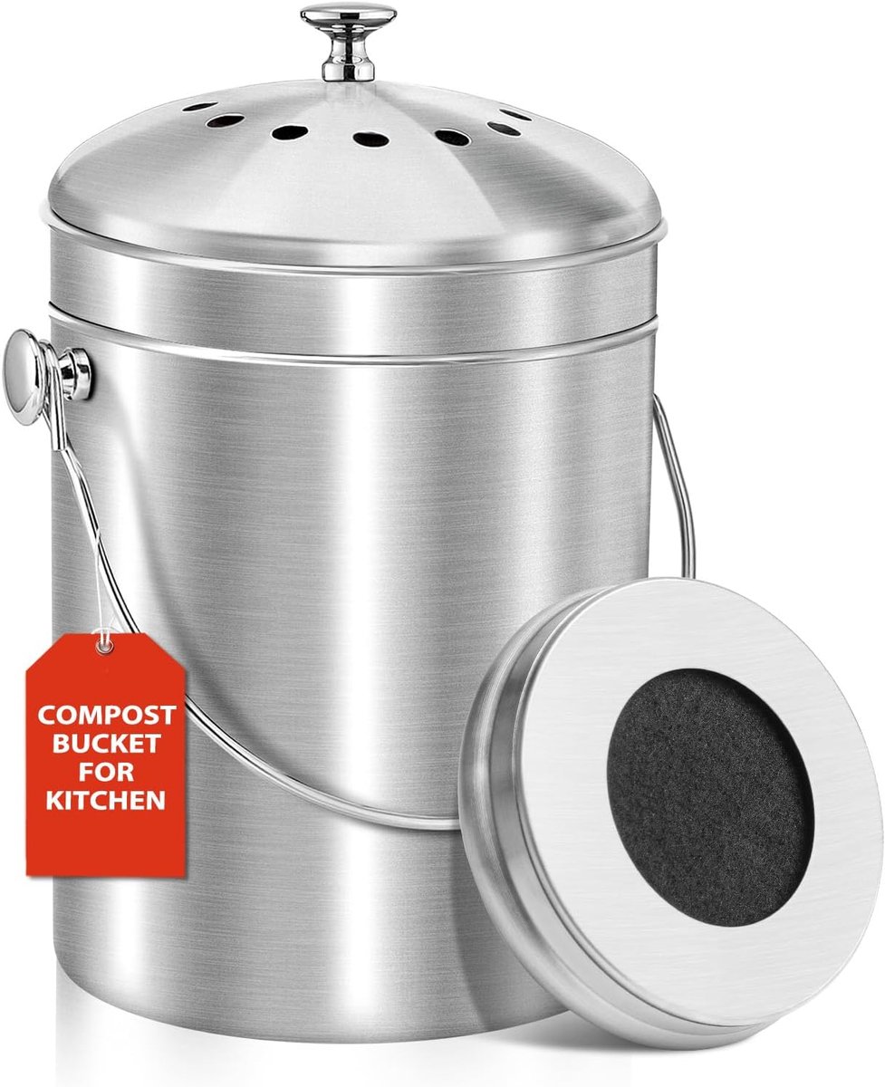 Compostemmer voor aanrecht in de keuken, 1,3 gallon roestvrijstalen bak met deksel, geurloze voedselafvalemmer met houtskoolfilter