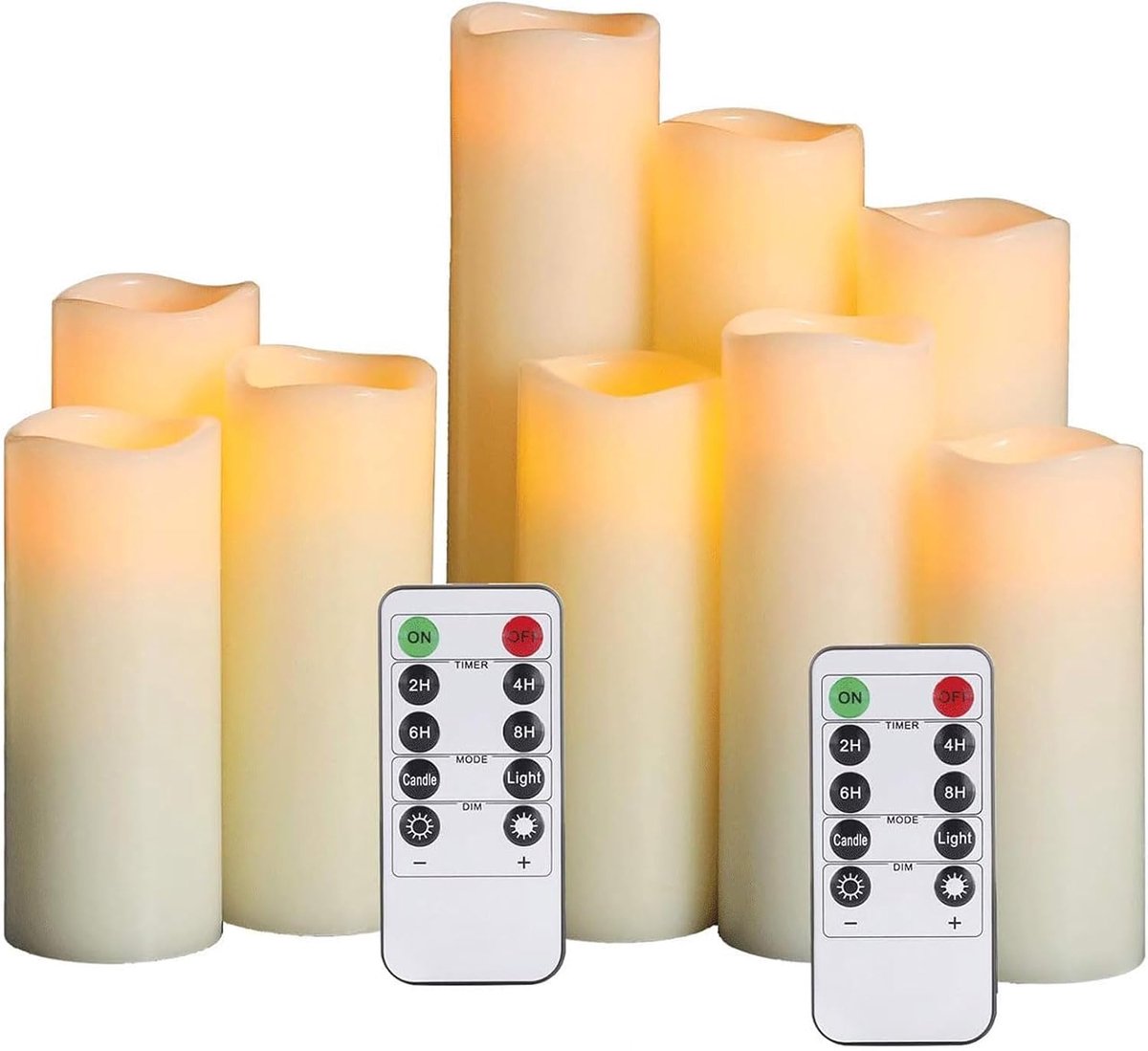 by LED-kaarsen, LED Candles Battery Candle Set van 9 (1 - H 22cm, 1 - H20cm, 1 - H18cm, 2-H16cm, 2-H14cm, 2-H13cm) Ivoor echte waskaars met timer op afstand