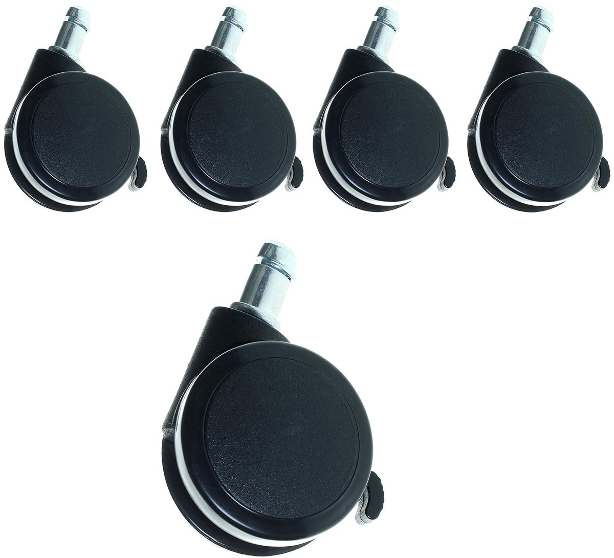 [5x] Stoelwielen met Externe Rem Verstelbare, voor Harde Vloeren en Laminaat, Zachte PU Rubber Zwenkwiel Wieltjes 11mm voor Bureaustoel Kantoorstoel, Set van 5 Stuks - Zwart TKD3202-black