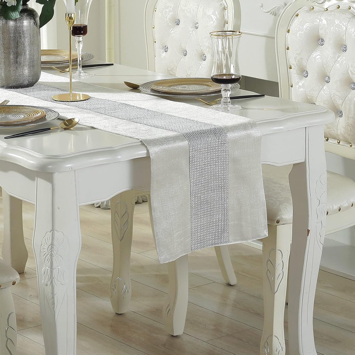 Tafelloper Beige 180cm Moderne Lovertjes Tafelloper met Diamante Strip Tafelblad Decor voor Bruiloft Feesttafel Decoraties (13x71 inch, Beige)