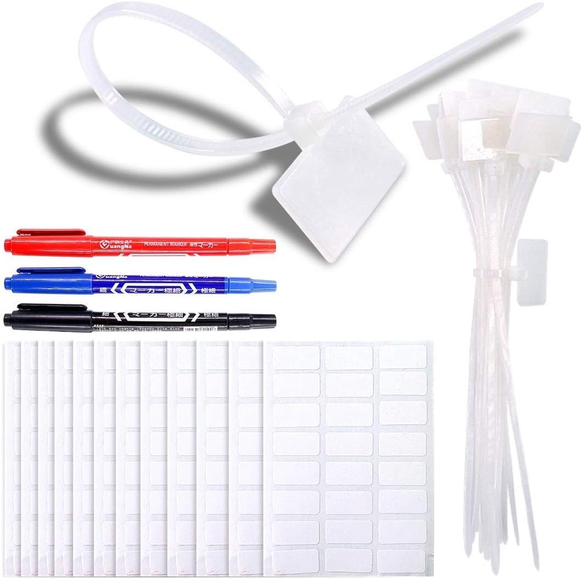 200 stuks 6 inch nylon kabelmarkeerbanden zelfborgende koordlabels schrijven op ethernetlabel draadbanden met 3 markeerstiften en 288 stuks witte zelfklevende kabellabels voor thuis en op