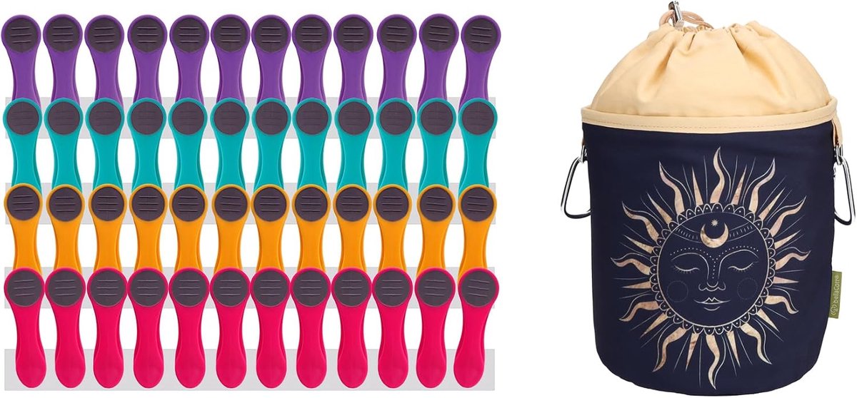 Wasknijpers met veren van roestvrij staal Soft Grip Soft Touch Soft Touch Soft Touch en 1 wasknijperzak van katoen (12 x paars, 12 x turquoise, 12 x geel, 12 x roze)