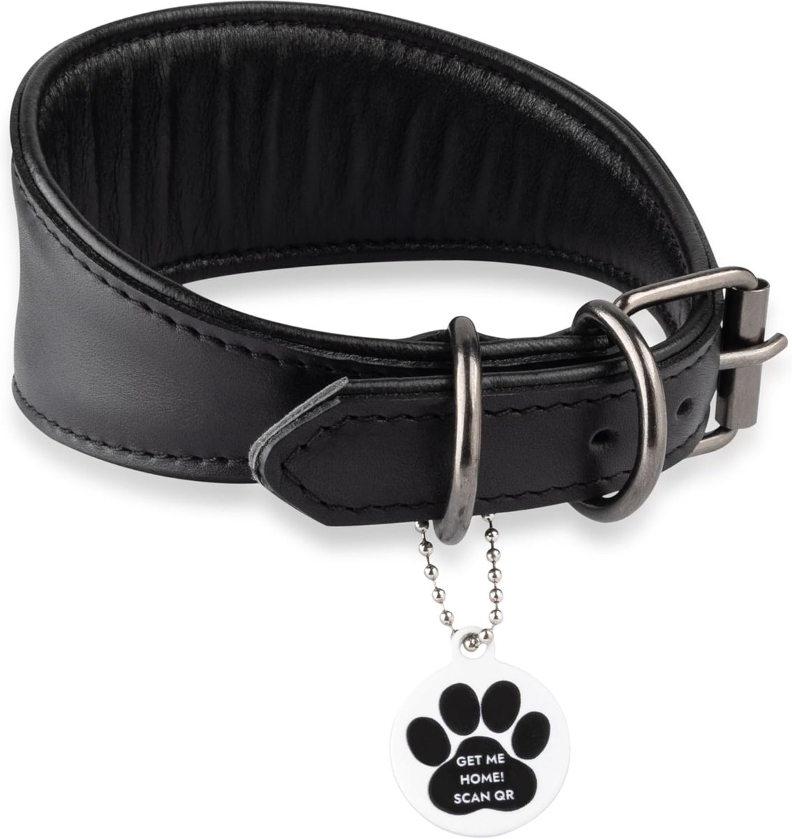 Windhond van zacht leer met QR-label voor Italiaanse en Spaanse windhonden, Saluki, Whippet, Borzoi, Lurcher, Greyhound, Podenco, hondenhalsband van zwart leer (XS)