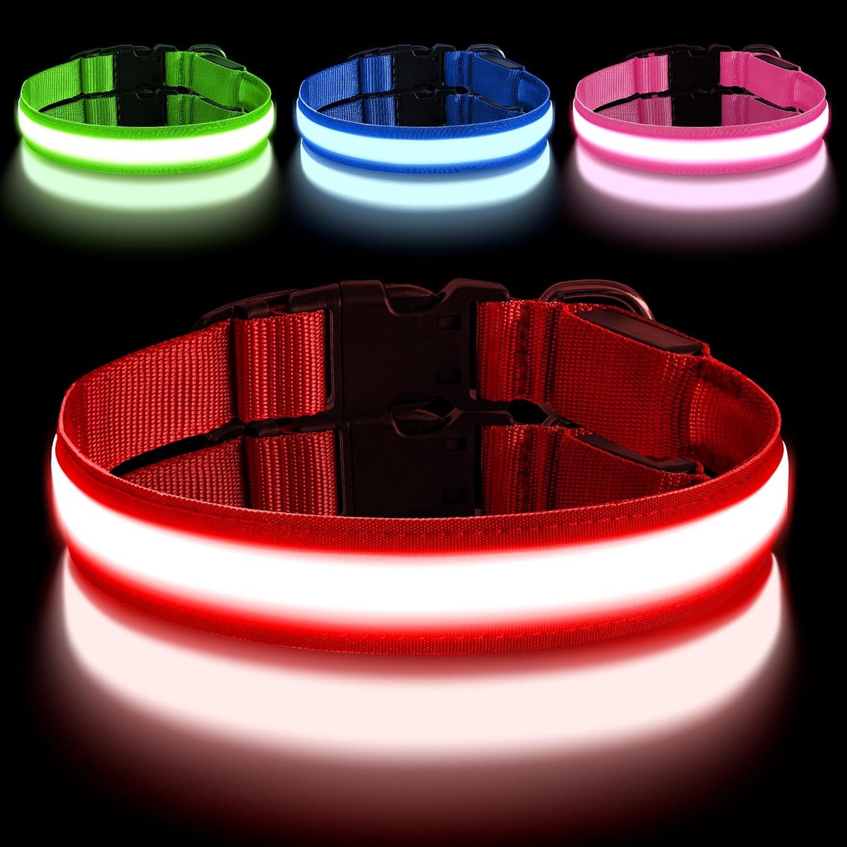 Lichtgevende hondenhalsband, lichtgevende halsband voor honden, USB-oplaadbaar, verstelbaar, met 3 modi, voor middelgrote honden (L, rood)