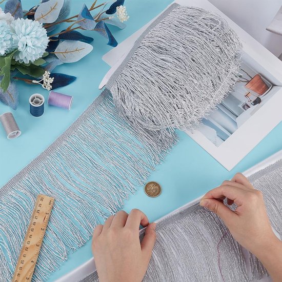 10 m glinsterende franjes boord 15 cm breed polyester kwasten kant afwerking metallic zilver wit franjes kant afwerking om te naaien kwasten kant afwerking voor Latijns-Amerikaanse — afbeelding 2