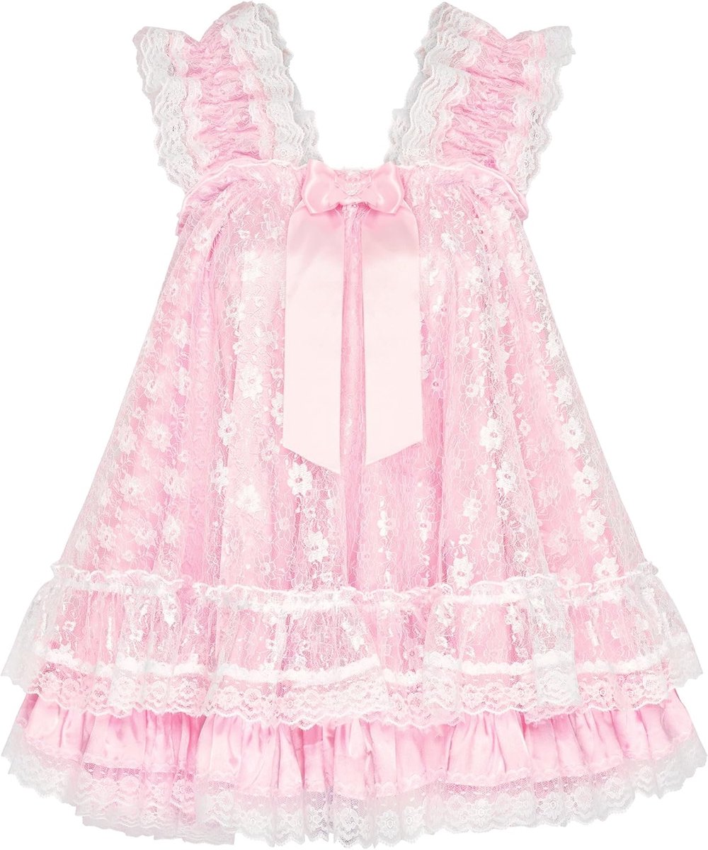 Sissy Satijnen Babydoll Bloemenkant | Dubbele Laag, Strik Met Lint, Elastische Bovenrand, Rekbare Schouderbandjes, Maten S-XXL, Crossdressing