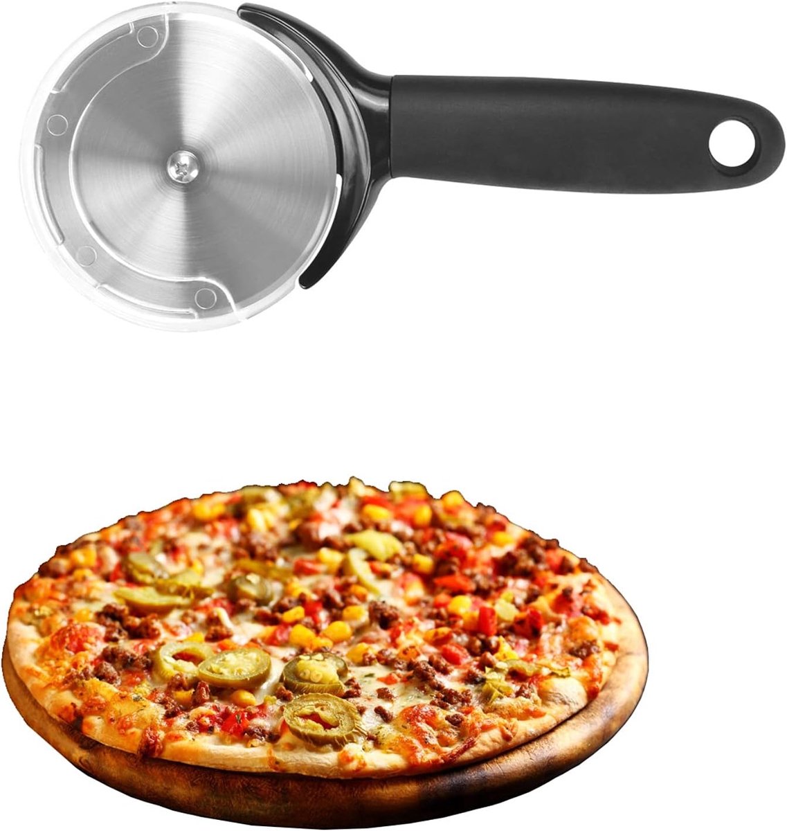 ronde pizzasnijder, diameter 9 cm, pizzasnijder, roestvrij staal, messen met anti-coating, handvat van antislip siliconen, voor pizza, cake en pieien, wafels, brood, vaatwasmachinebestendig