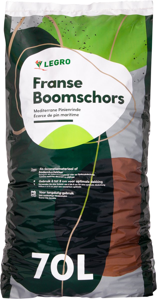 Franse Boomschors Grof 70 Liter in zak - Legro - Maat 20-40mm - Bruin - Kwaliteit Boomschors om te gebruiken als Decoratiemateriaal, alternatief voor Houtsnippers, bodembedekker, om borders Onkruidvrij te houden en als Kerstdecoratie.