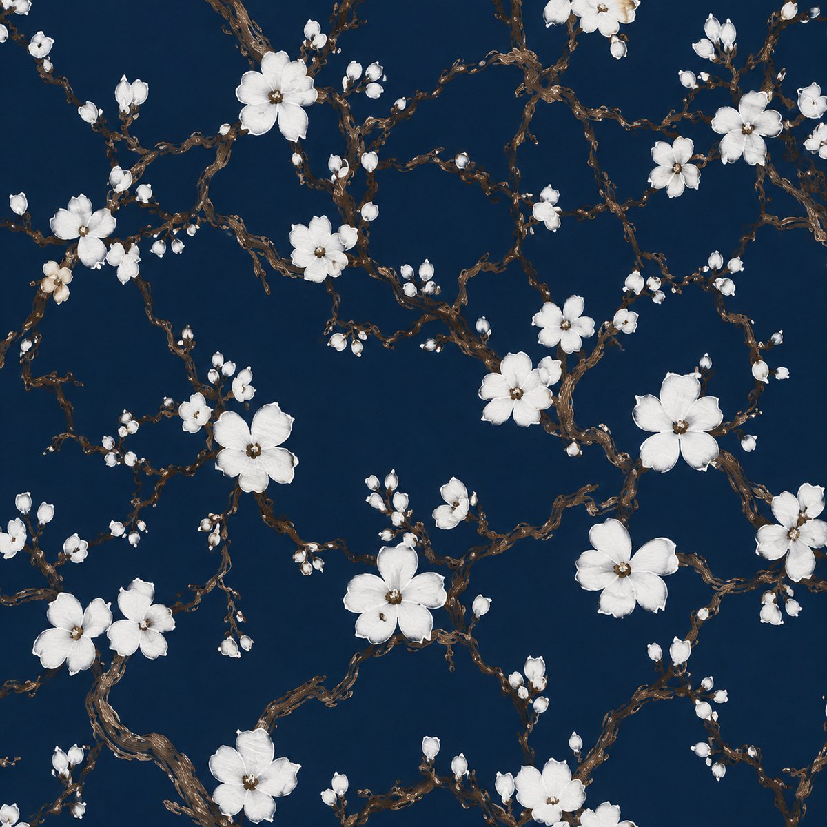 York Wallcoverings Fifth Avenue Designs FB1403 Behang – Donkerblauw met Witte Bloesem & Bruine Takken – Vliesbehang – 52 cm x 10,05 m
