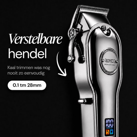 Zilverkleurige Royce tondeuse met verstelbare hendel en digitale display.