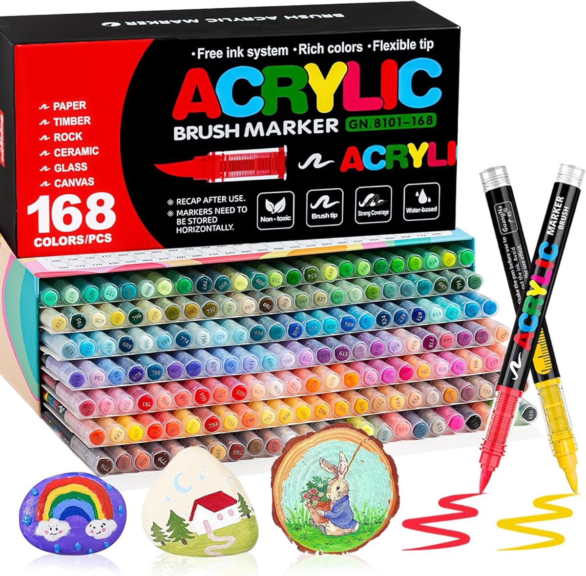 Acrylmarkers Set - Acrylverfstiften - 168 Unieke Kleuren - Flexibele Precisiepunt van 0,1–0,5 mm - Sneldrogende Watervaste Inkt op Waterbasis - Geschikt voor Diverse Oppervlakken - Voor Tekenen, Decoreren en Knutselprojecten