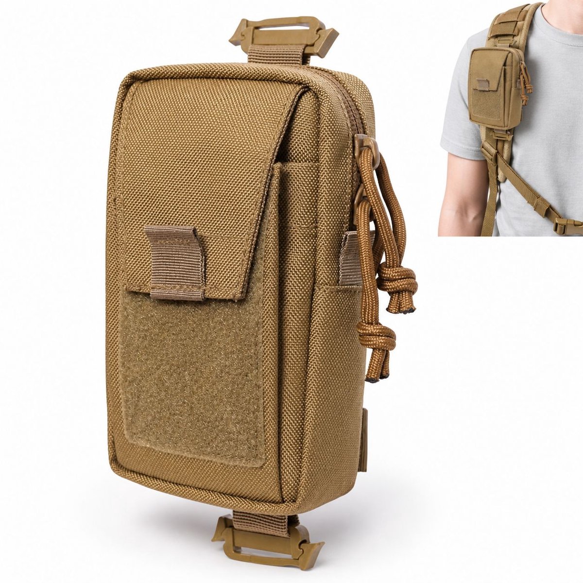 VHV - Telefoonhouder rugzakriem - Tactische nylon smartphone pouch met verstelbare bevestiging - kaki