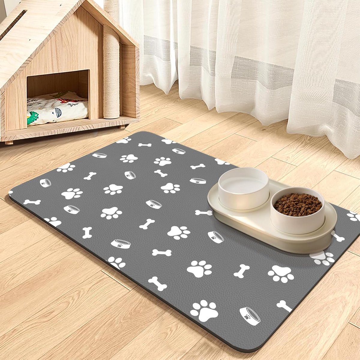 modderige pootmat voor katten en honden, super absorberende matten voor voerbak (Lichtgrijs-meerdere poten, 44.5 x 71 cm)