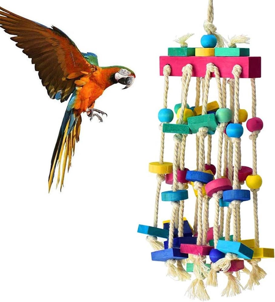 Speelgoed voor papegaaien, houten vogelkauwspeelgoed, kooi- en kauwspelgoed, katoenen touwspeelgoed