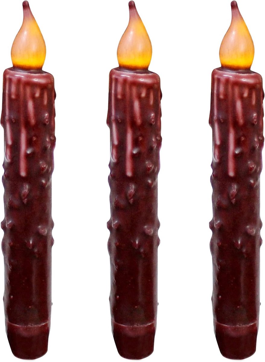 Echte Wax Hand Ondergedompeld Batterij Werkt LED Timer Taper Kaarsen Land Primitieve Vlamloze Verlichting Decor, 6.75 Inch, Bourgondië, 3 STKS in een Pakket