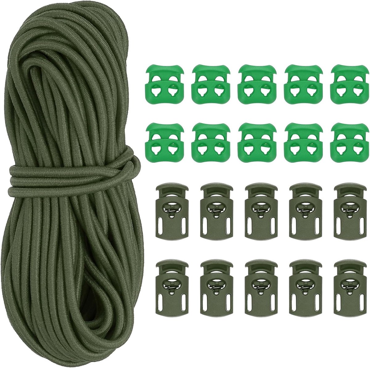Elastisch bungeekoord & enkel gat koordslot & dubbele gat lente tuimelstop voor paracord schoenveter kleding, legergroen, 10 Yard