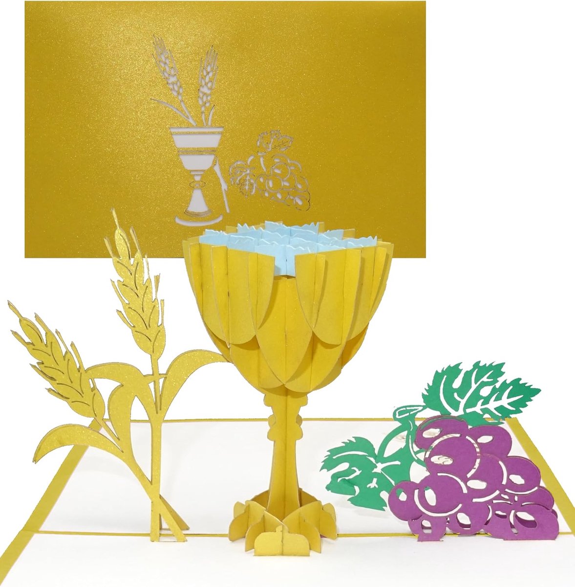 3D kaart Eerste Communie Kelk & Druiven - Pop Up kaart voor communie, vormsel, bevestiging als communiekaart, dankkaart, klein geschenk, geldgeschenk & cadeau-idee voor jongen & meisje