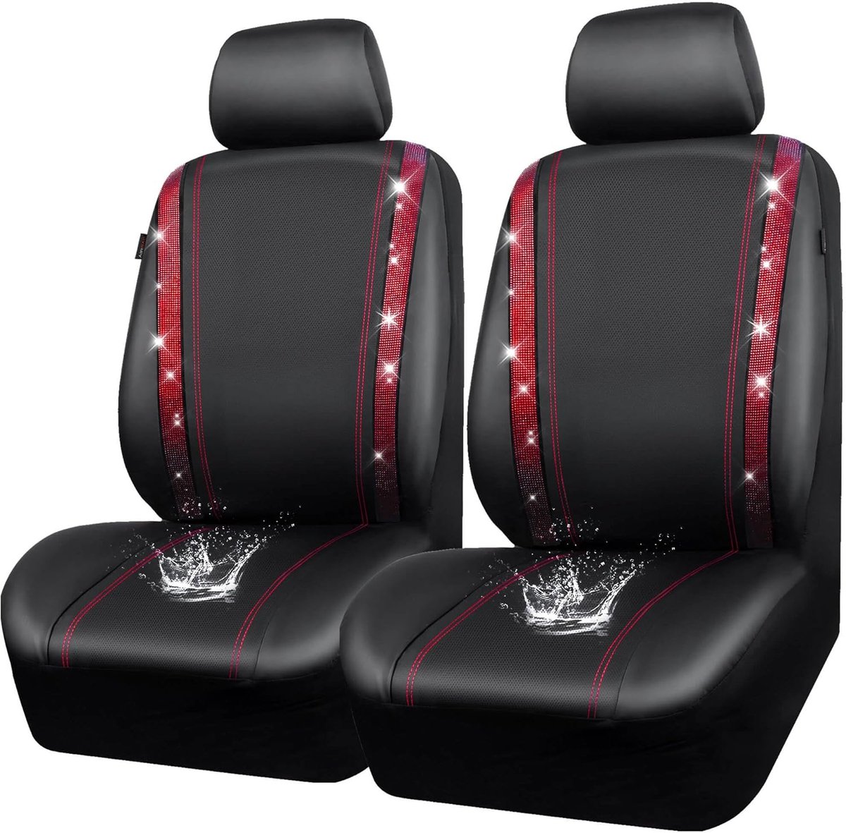 PASS Lederen Diamant Bling Autostoelhoezen 2 Front Interieur Sets, Waterdicht Universeel Glanzend Glitter Kristal Sparkle Fit voor 95% Automotive Truck SUV Leuke Vrouwen Meisje, Zwart Rood Strass
