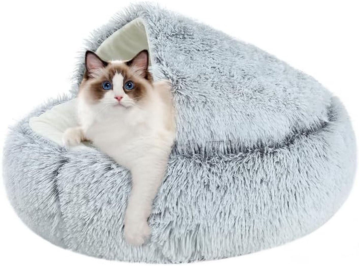 kattenbed, rond, zacht pluche, huisdierbed voor kleine honden en katten, wasbaar, antislip hondenbedden, lange pluche verdikte warme hondenmand, slaapkussen, antislip, grijs