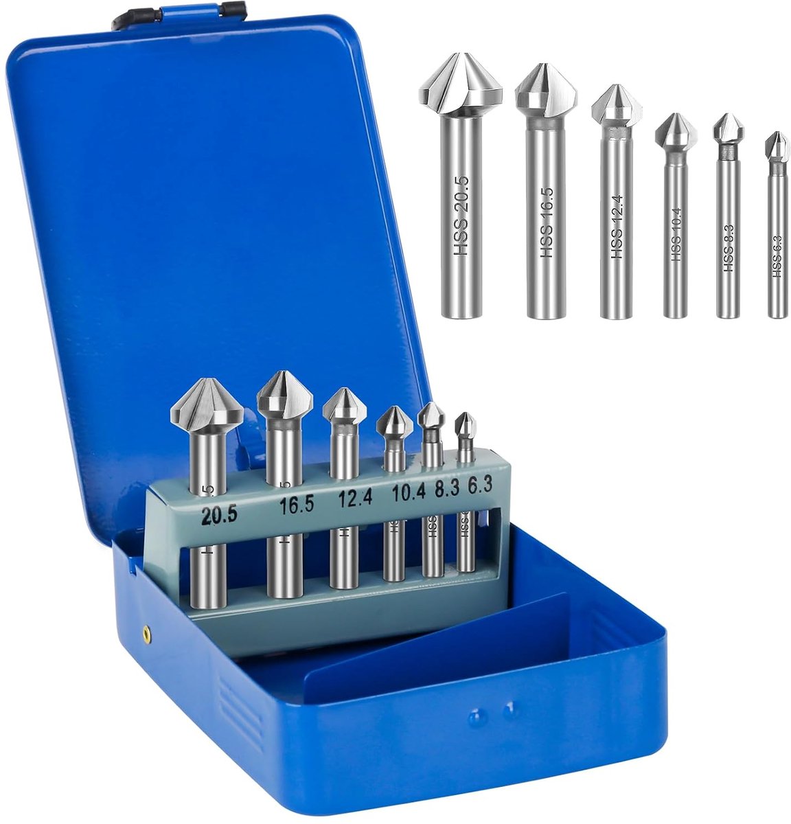 6-delig, boor HSS, Ø 6,3-20,5 mm, 90°, kegel- en ontbraamverzinkset, verzinkboorset, DIN 335-C, in metalen doos