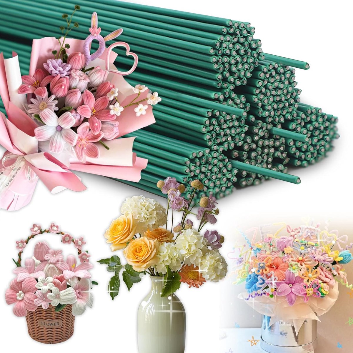 Draad, groen, 100 stuks bloemendraad, 30 cm lange bloemistendraad, 2 mm steekdraad, groene stang voor doe-het-zelf bloemenboeketten, bloemstukken en handwerk