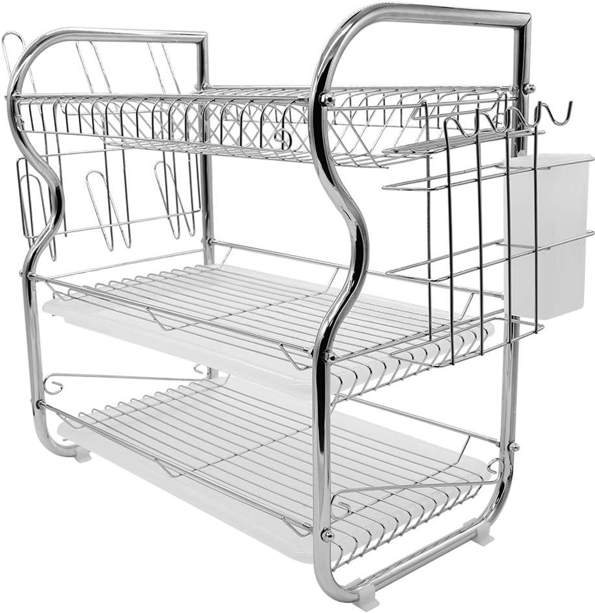 Afdruiprek met 3-Laagse Druiprooster Keukengereihouder Bekerhouder Multifunctionele Afdruiprek Keuken Organizer Afdruiprek voor Kopjes, Borden, Keukengerei (42 * 25 * 43,5 cm, Zilver D)