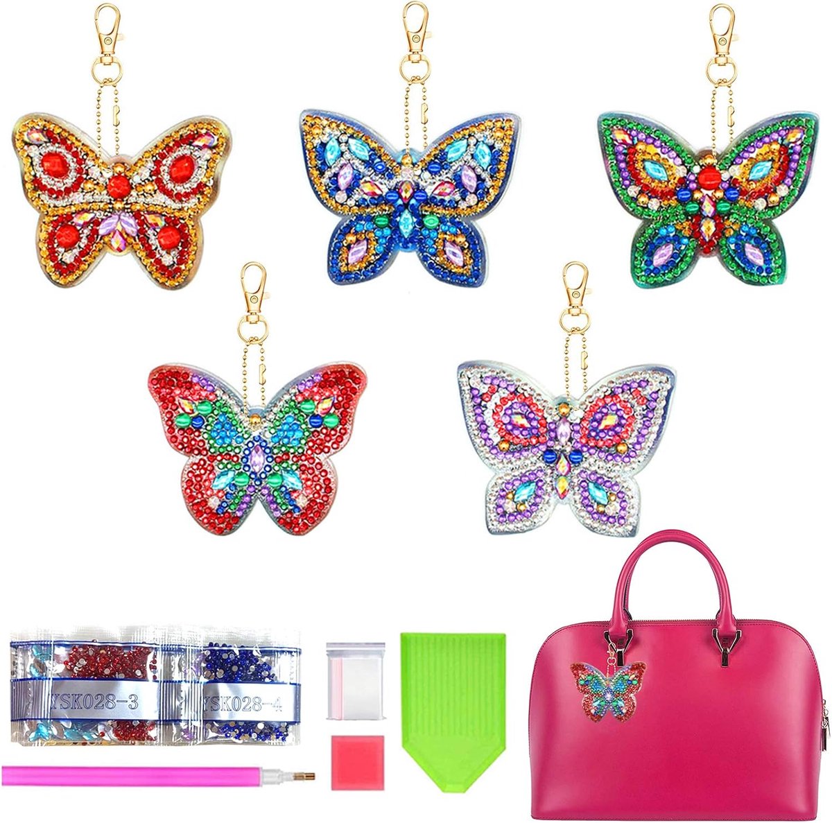 5-delige DIY Diamond Painting Sleutelhanger, 5D Diamond Art Painting Sleutelhanger met Eenhoornpatroon, Diamond Painting Sleutelhanger Cadeaus voor Kinderverjaardagen (Vlinder)