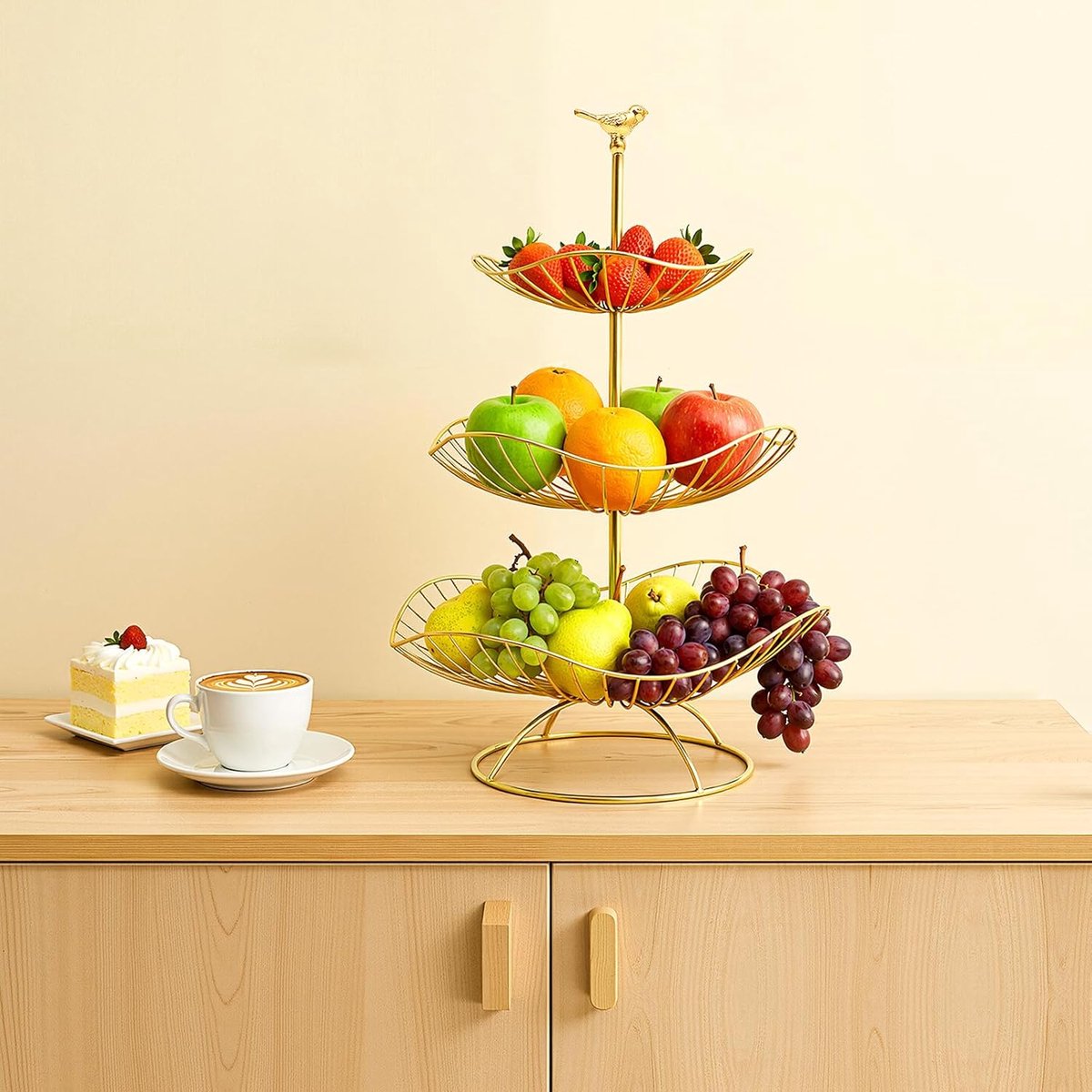 3 etages fruitschaal, etagère, keuken fruitetagère van metaal, lotoblad, fruitschaal, fruitetagère, 3 verdiepingen, staand, voor fruit, groenten, cake, goud