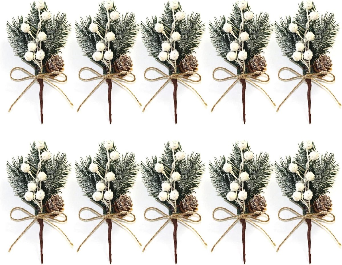 dennenplectrums, 10 stuks kerst dennennaalden witte bessen takken nep dennenappels bessen stengels voor Kerstmis ambachten feest vakantie decoratie