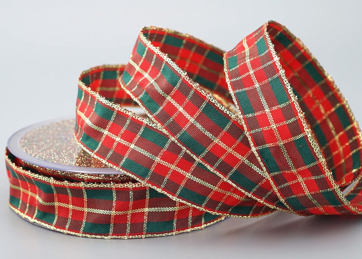 20 m x 25 mm Dekoband kerst geruit rood / donkergroen / goud draadrand decoratielint geschenklint Schotse ruiten dubbelzijdig glansband met Lurex gouden rand draad lint winter advent