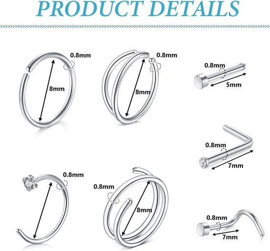 Neuspiercing, ring, dun, chirurgisch staal, spiraal, L, rechte neuspiercing, steker, zilver, dubbele hoepel-neuspiercingset voor vrouwen en mannen — afbeelding 3