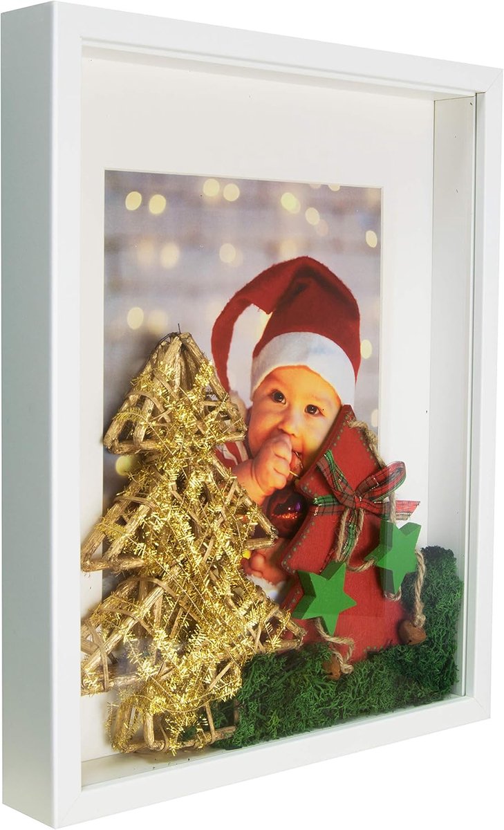 ART 28 x 35 cm Box 3D objectlijst fotolijst met passe-partout 20 x 25 cm, wit, rechthoekig, om te vullen, dieper voor objecten, foto's, souvenirs 3 cm, voor wanddecoratie