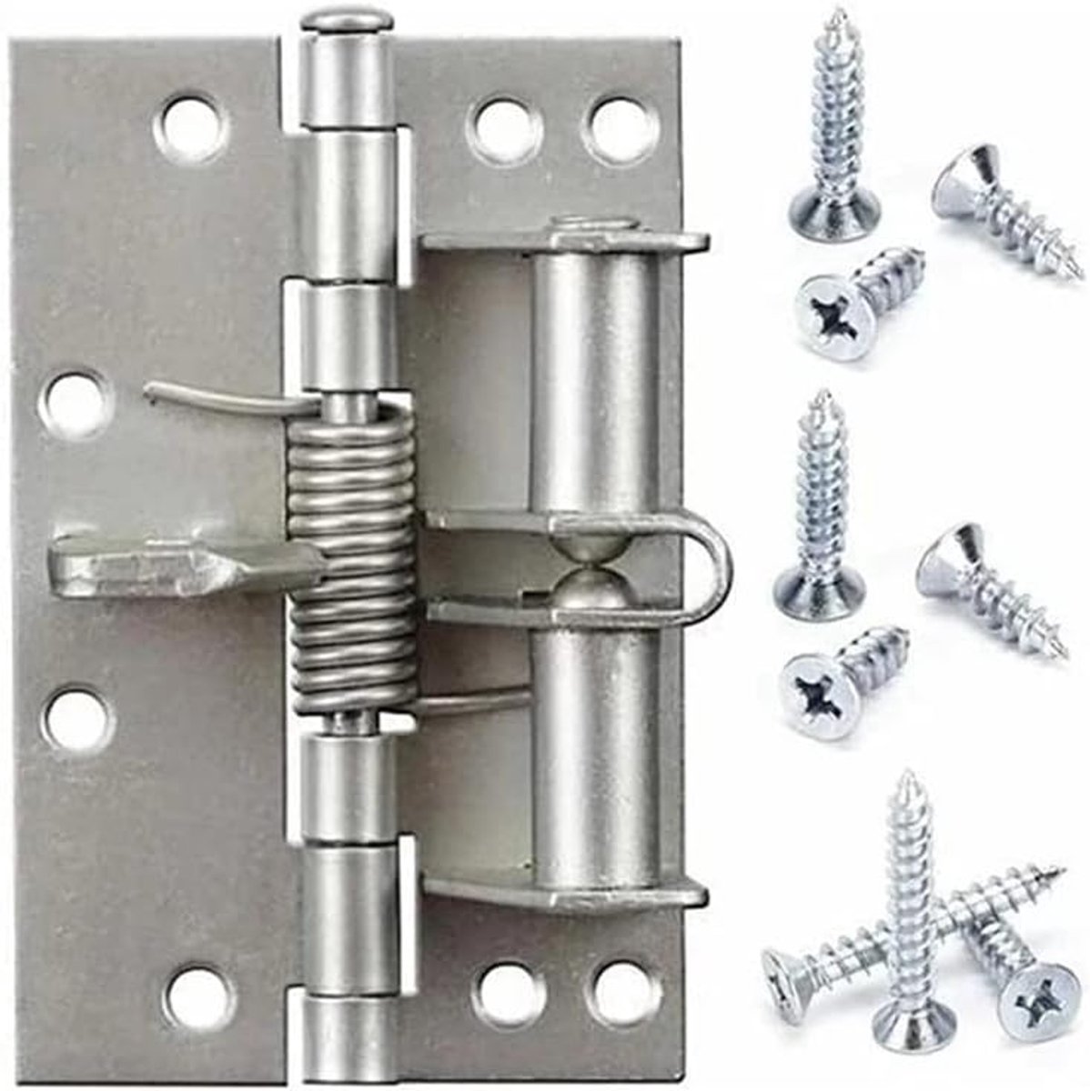 2 stuks 4 inch automatisch deurscharnier, zelfsluitende deurscharnieren, zwaar belastbare veerdeurscharnier, automatische zelfsluitende deurscharnieren, 90 graden deurstopper (geborsteld zilver)