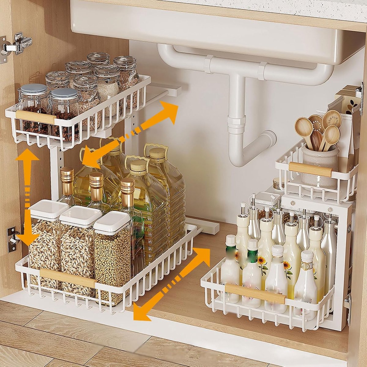 Uittrekbare keukenspoelorganizer in L-vorm, in de hoogte, koolstofstaal, uittrekbare laden voor keuken, 1 stuk (wit)