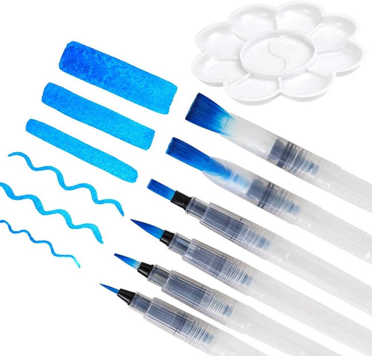 6 waterkwasten, aquarelpen, kwast met vulbaar waterreservoir, perfect voor aquarellen, penseelstiften, markers met dienblad, biedt een gemengd palet in bloemvorm