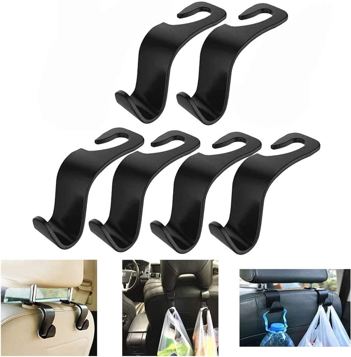 auto, 6 stuks, autohoofdsteun, haken, handtashouder, autostoel, haak voor autostoelen, autohaken voor tas, geschikt voor alle soorten automodellen, zwart