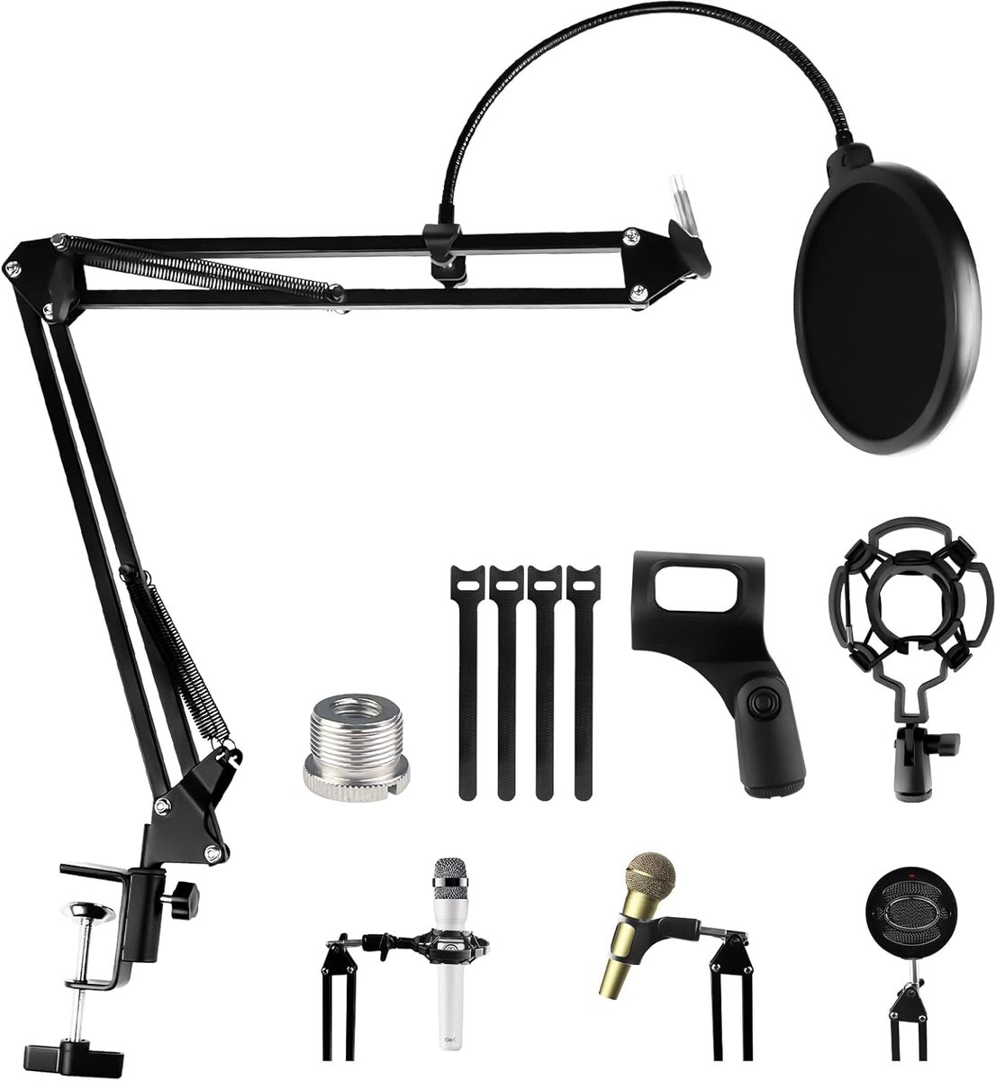 verstelbare microfoonhouder, zwarte arm met popfilter, microfoonclip, shock mount, 5 kabelbinders en ophangschaar