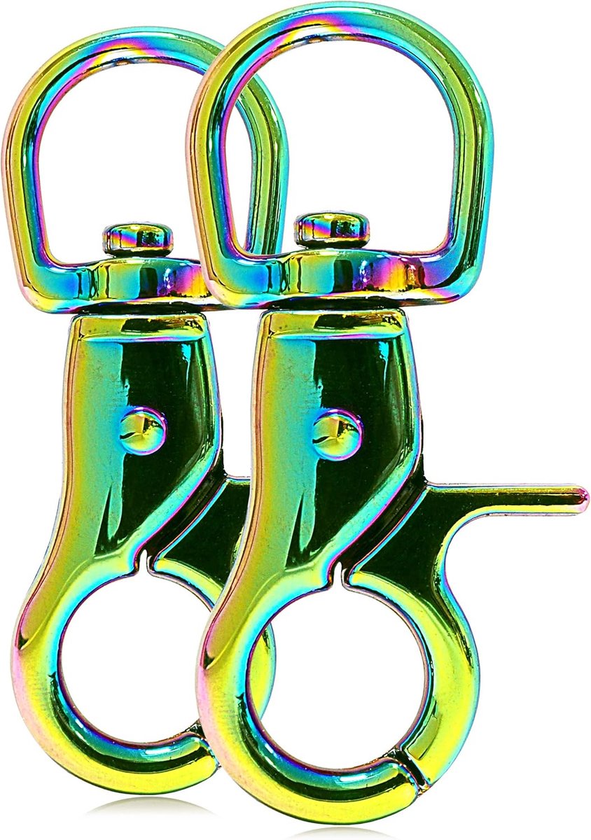 schaar karabijnhaak met draaikop en draaischarnier, regenboog, 60 mm, 2 stuks, gelegeerd staal, ronde snelsluiting voor herhaald openen en sluiten, voor hondenlijn, halsband en koordvlechtwerk