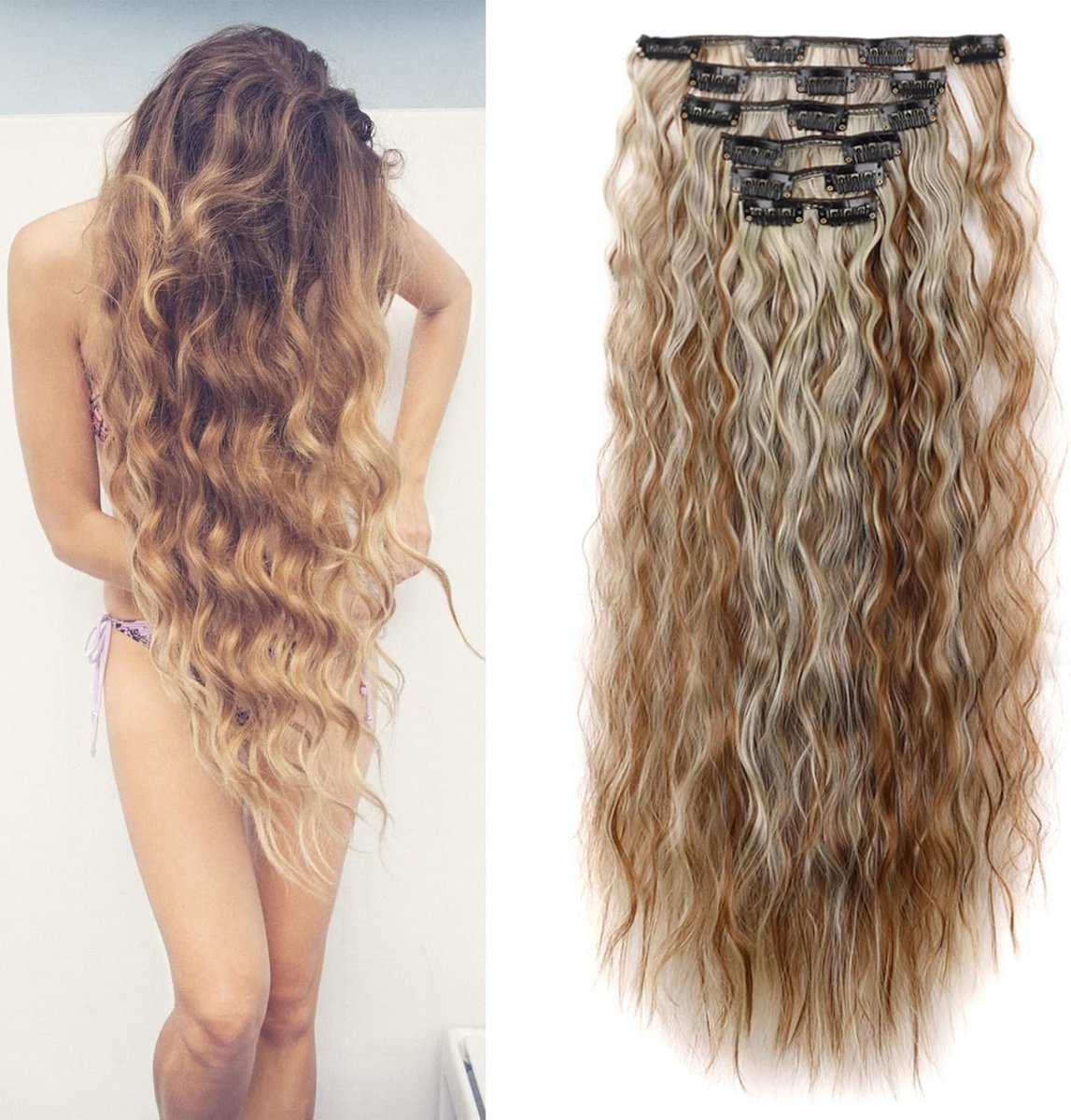 extensions, 50 cm, haarverlenging, haarstukje zoals echt haar, 6 strengen, golvend, gunstige haarverdichting, synthetisch haar voor dames, golvend, krullend en lokken (lichtbruin en