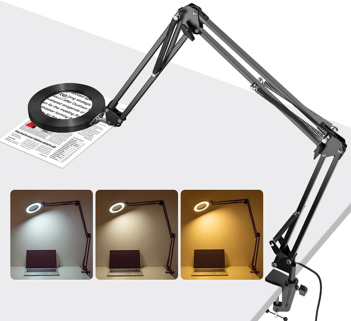vergrootglas met licht en standaard, 10 x 15 x vergrootlamp met klem en 3 zwenkarm, bureaulamp met 3 kleurmodi, dimbaar, led-vergrootlamp voor hobby, knutselen, werkplek, led-leeslamp