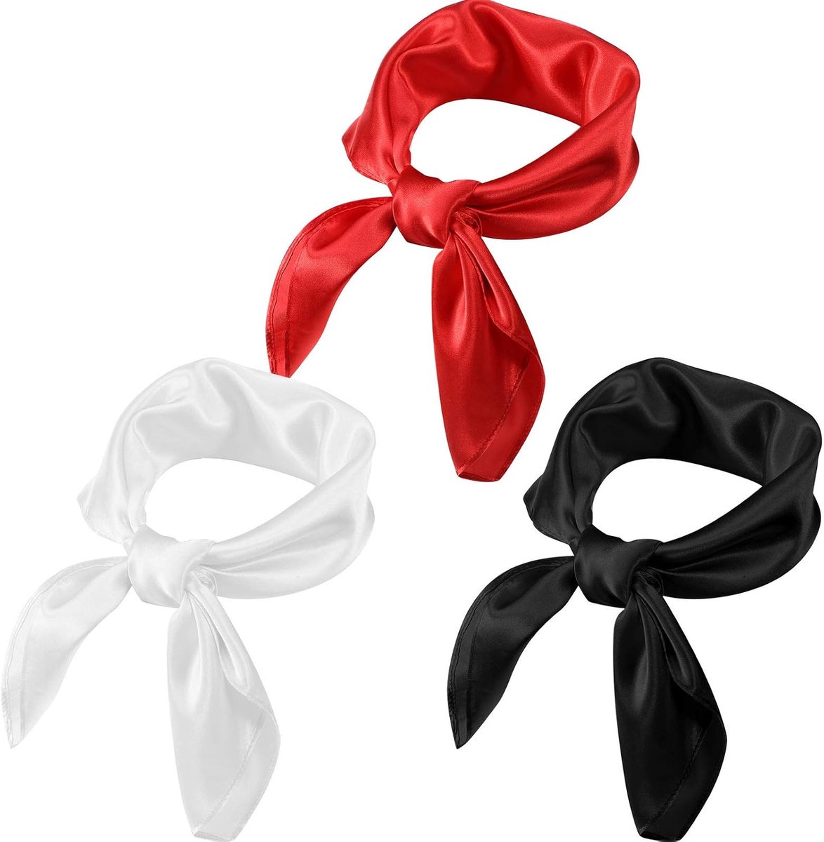 3 Stück Dames Satijnen Sjaaltje Zijdeachtige Haar Sjaal Voor Haar, Hals of Tas Vierkante Bandana Hoofddoek Voor Vrouwen Zwart, Wit en Rood