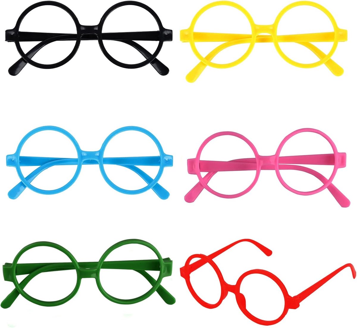 6 stuks kleurrijke tovenaarsbril ronde bril kunststof magische glazen montuur geen lenzen voor jongens meisjes Halloween kostuum feestartikelen (6 stuks)