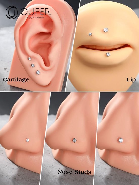 Neuspiercing 18/20 g, 3 stuks, platte achterkant, schelp, tragus, helix sieraden, zonder schroefdraad, chirurgisch staal, voor lippen, kraakbeen, CZ 6/8/10 mm — afbeelding 4