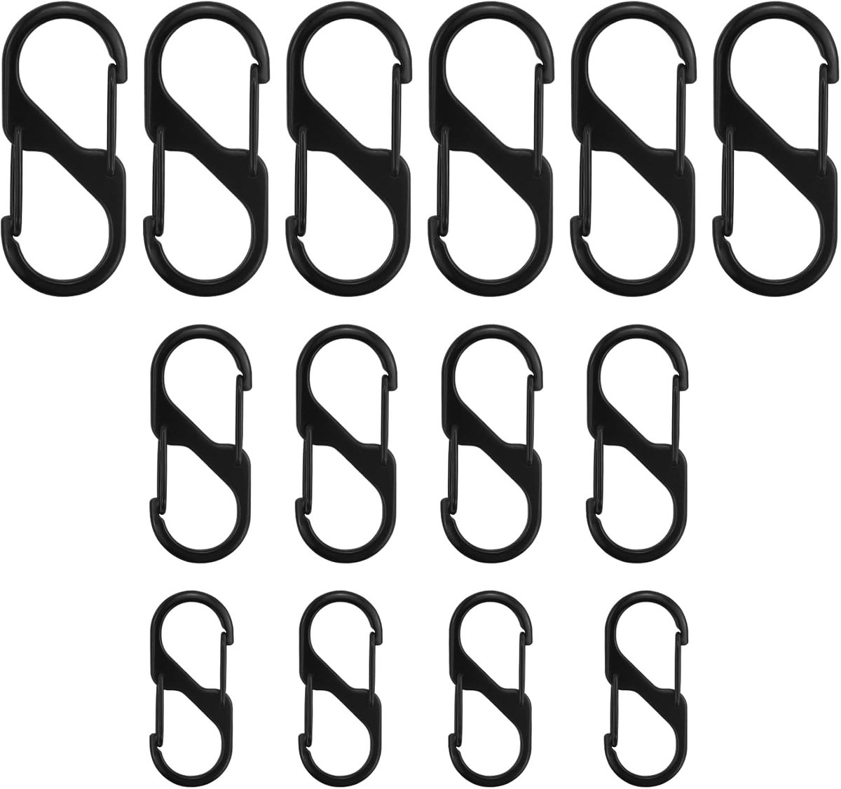 14 stuks S-vormige karabijnsleutelhangerclips, ritssluiting-clips, kleine veeropening, sleutelhangerclip, karabijnhaak voor outdoor, wandelen, vissen, kamperen (zwart)