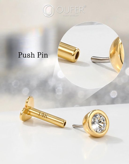 Body Piercing Threadless Labret Piercing Jewellery 14K Gold 16G Helix Earrings Push In Lip Stud Clear CZ Conch Tragus Lobe Piercing Bars — afbeelding 3