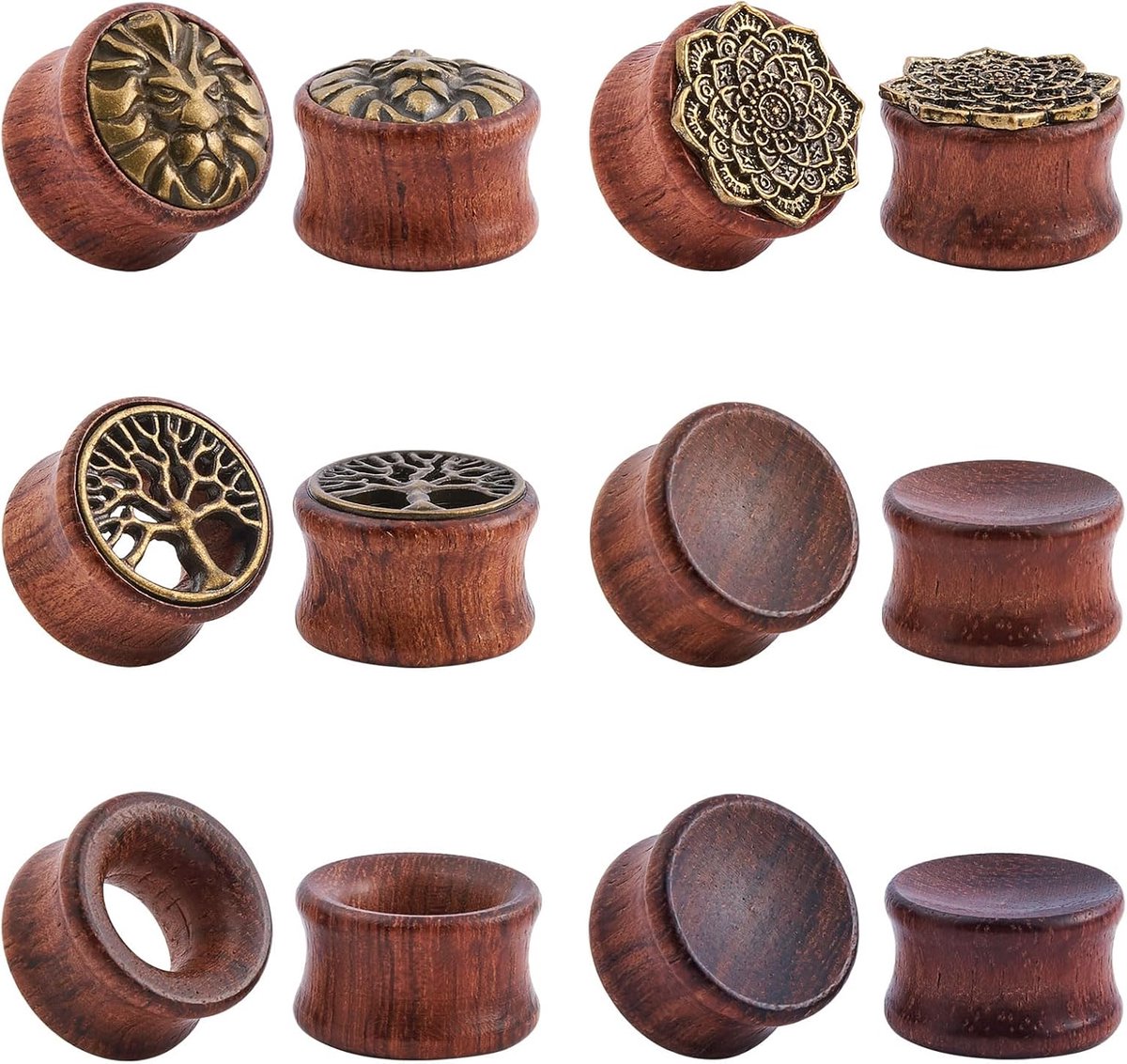 6 paar oorpluggen, flesh tunnel, set van hout, dubbel uitlopend, oorexpanderpiercing, sieraad (10-20 mm)