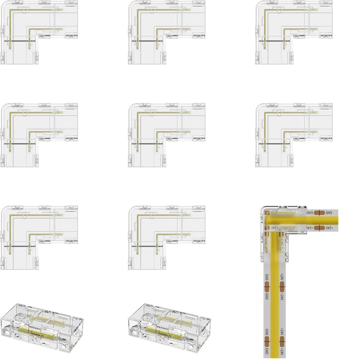 Ledstrips op kabelverbinder, onbekabelde clips, soldeervrije connectoren set voor 8 mm brede COB, 2-pins, 2 stuks, transparante middenverbinder, 8 stuks, L-vorm voor 12 V, 24 V