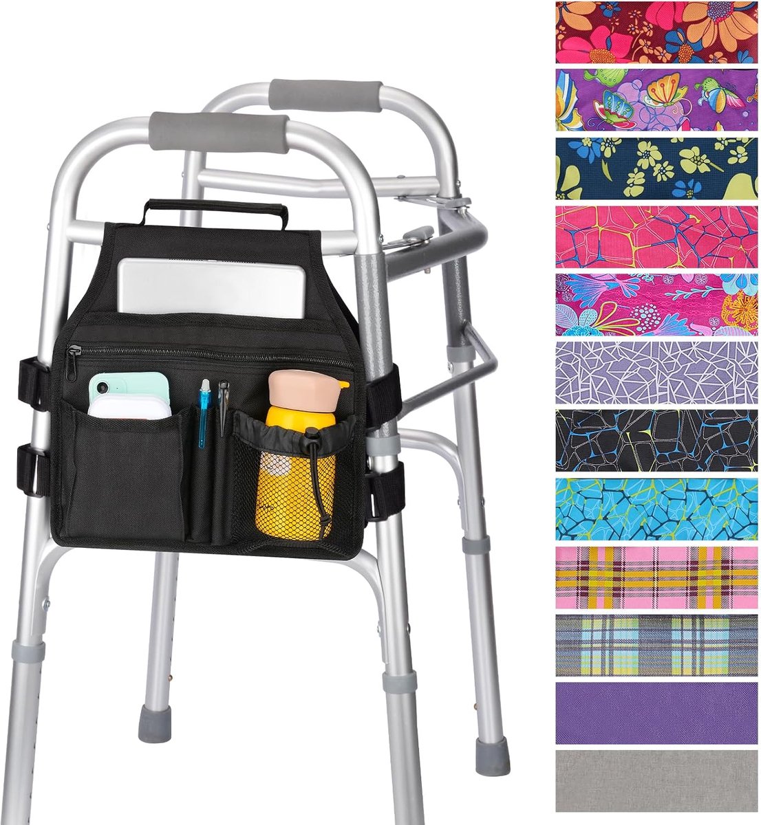 supregear Rollator Tas, Lichtgewicht Organizer Tas met Handvat, Multifunctionele Rollator Zijtas Accessoire voor Meeste Rollators met Zijstang, Eenvoudig te Installeren, Zwart