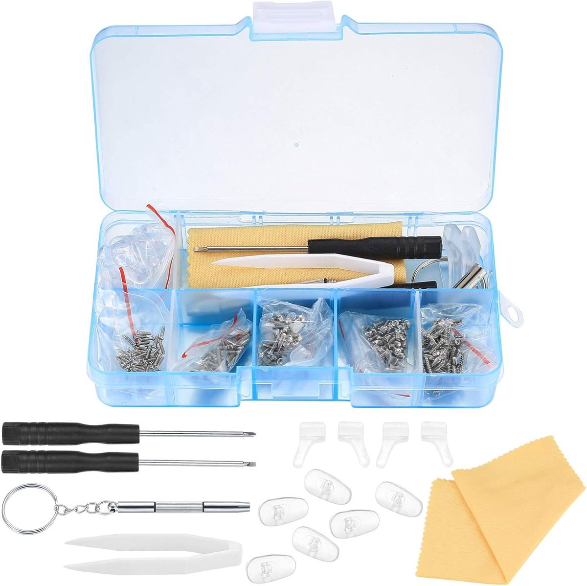 Reparatieset voor brillen, 500 stuks, met kleine schroeven, moeren, siliconen neuspads, pincet, micro-schroevendraaier, reinigingsdoek, voor brillen, zonnebrillen