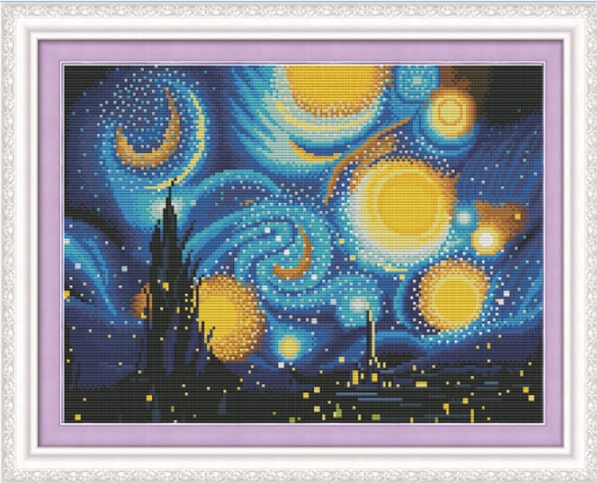 Kruissteekset, 11-draads reliëf, sterrenhemel, maan, landschap, Van Gogh, borduurset met accessoires, voorbedrukt (36 x 46 cm) (sterrenhemel)